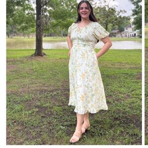 Hayden Floral Dress Smock Waist Tiered Pockets white yellow medium